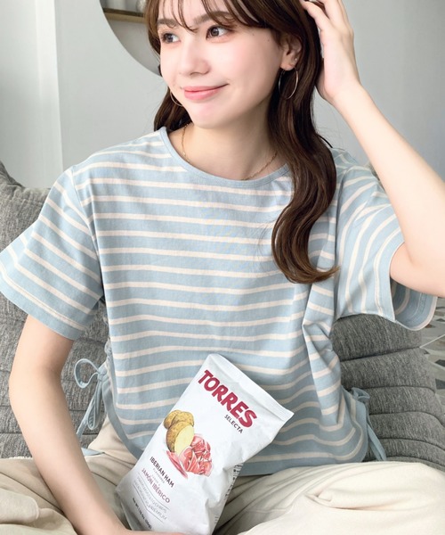 tシャツ サイドドロストボーダーTシャツ レディース ボーダー柄サイドドロストTシャツ[fo1980] | レディース