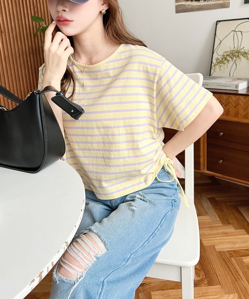 tシャツ サイドドロストボーダーTシャツ レディース セール】綿100％天竺.サイドドロスト半袖マルチボーダーショート