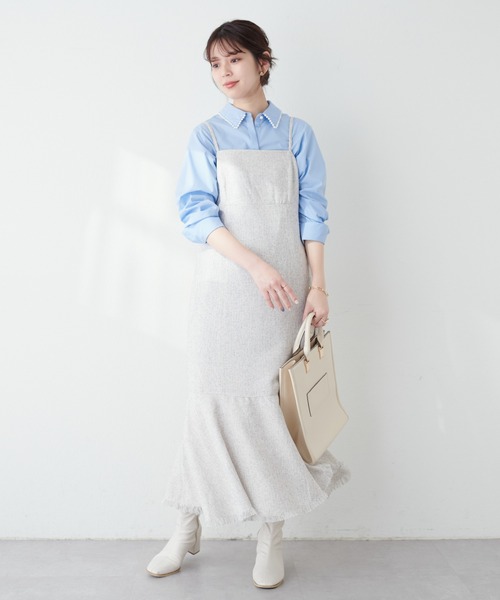 natural couture(ナチュラルクチュール)の「裾フレア切替ツイードキャミワンピース(ワンピース・レディース・オフホワイト/ブラウン/ブラック・FREE)」の4枚目の写真