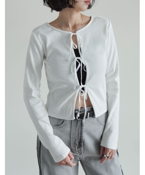 セール】ストレッチリブ前後2WAYリボンデザイントップス（Tシャツ