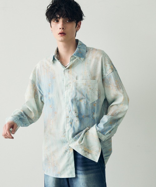Shoowtime(ショウタイム)の「オーバーサイズ / ビッグシルエットマーブルパターン総柄ドレープシャツ(シャツ/ブラウス・メンズ・グリーン系/ライトグリーン系/スカイブルー系/パープル系/パープル系1/イエロー系・MEDIUM/LARGE)」の4枚目の写真