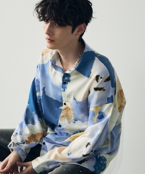 Shoowtime(ショウタイム)の「オーバーサイズ / ビッグシルエットマーブルパターン総柄ドレープシャツ(シャツ/ブラウス・メンズ・グリーン系/ライトグリーン系/スカイブルー系/パープル系/パープル系1/イエロー系・MEDIUM/LARGE)」の5枚目の写真