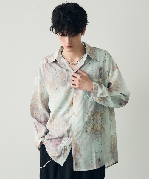 Shoowtime(ショウタイム)の「オーバーサイズ / ビッグシルエットマーブルパターン総柄ドレープシャツ(シャツ/ブラウス・メンズ・グリーン系/ライトグリーン系/スカイブルー系/パープル系/パープル系1/イエロー系・MEDIUM/LARGE)」の13枚目の写真