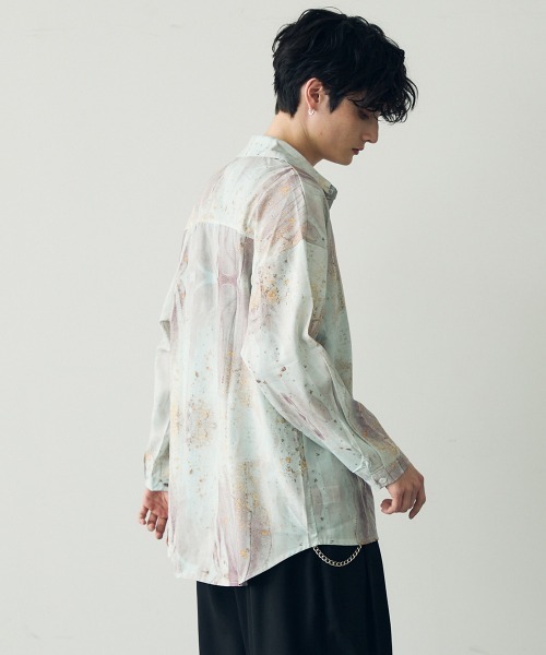 Shoowtime(ショウタイム)の「オーバーサイズ / ビッグシルエットマーブルパターン総柄ドレープシャツ(シャツ/ブラウス・メンズ・グリーン系/ライトグリーン系/スカイブルー系/パープル系/パープル系1/イエロー系・MEDIUM/LARGE)」の17枚目の写真
