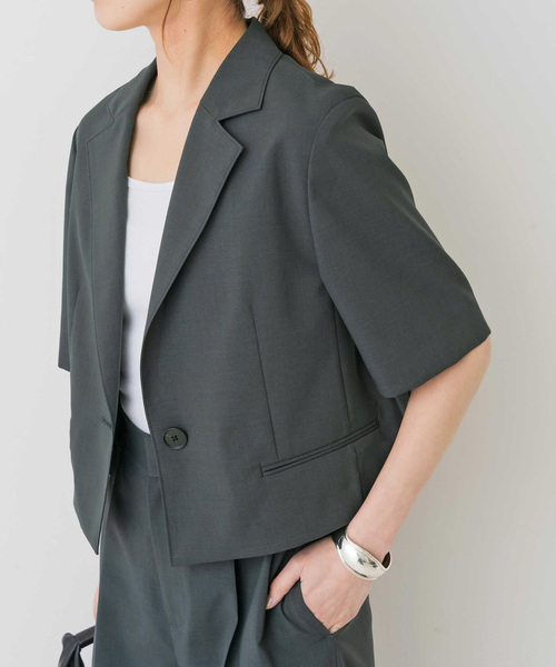 極美品 スピックアンドスパン ショートジャケット ノーカラー 薄手 ネイビー セール】ハーフスリーブショートジャケット（テーラード