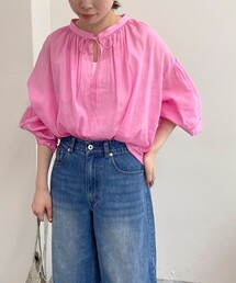 リネン混スキッパーボリュームブラウス