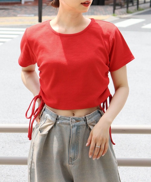 DEPARTMENT 5 売れ筋商品|||デパートメントファイブ Tシャツ トップス レディース Tops Red セール】テレコ脇ドロストTシャツ（Tシャツ/カットソー