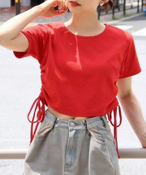 PETER PILOTTO 売れ筋商品|||ピーター ピロット Tシャツ トップス レディース Tops Red セール】テレコ脇ドロストTシャツ（Tシャツ/カットソー