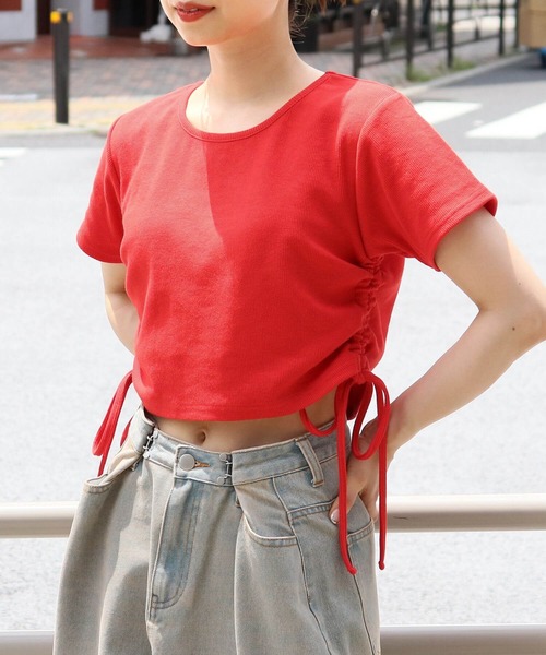 PARTOW 売れ筋商品|||パートウ Tシャツ トップス レディース Tops Red セール】テレコ脇ドロストTシャツ（Tシャツ/カットソー