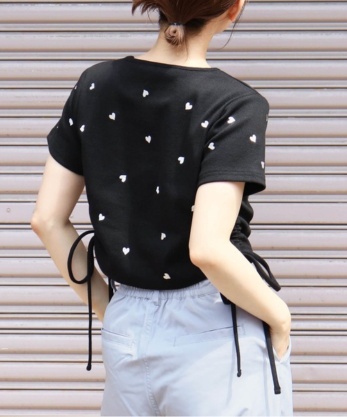 tシャツ テレコデザイントップス レディース VネックレーステレコロングTシャツ カットソー レース[品番