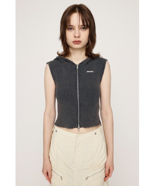 SLY（スライ）の「FRONT ZIP BLEACH RIB TOPS フロント ジップ ブリーチ リブ トップス（パーカー・レディース・アイボリー/レッド/ブラック/ネイビー・FREE）」の13枚目の写真