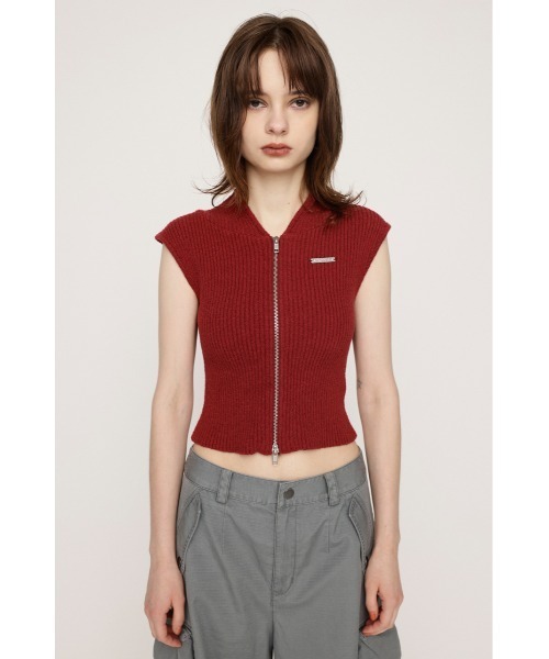 SLY（スライ）の「FRONT ZIP BLEACH RIB TOPS フロント ジップ ブリーチ リブ トップス（パーカー・レディース・アイボリー/レッド/ブラック/ネイビー・FREE）」の8枚目の写真