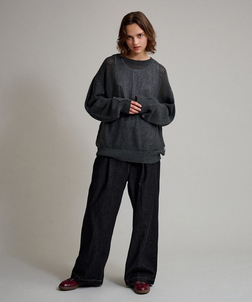 OAMC メッシュ切替クルーネックコットンニット-L BritishWool」l畔編みクルーネックニット(M オフシロ): トップス