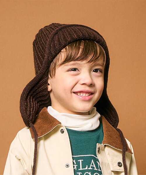 apres les cours(アプレレクール)の「耳当て付きニットフライトキャップ(ニットキャップ/ビーニー・キッズ・ブラウン/アイボリー・54/50)」の1枚目の写真