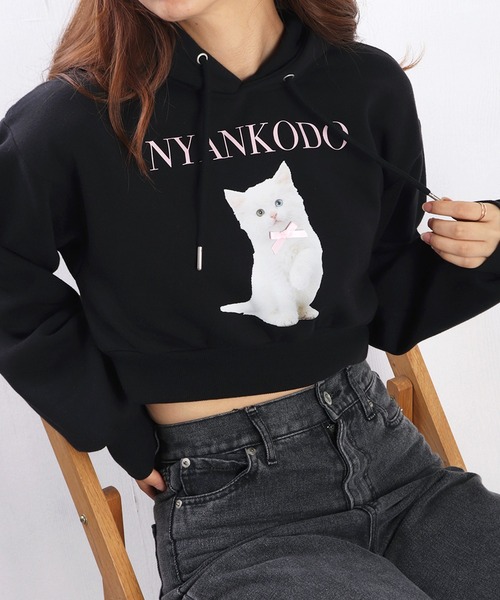 WESTSEA(ウエストシー)の「神保町にゃんこ堂 子猫フォトプリント 裏起毛 ショート丈 プルパーカー(パーカー・レディース・ホワイト/ブラック・L/M)」の4枚目の写真