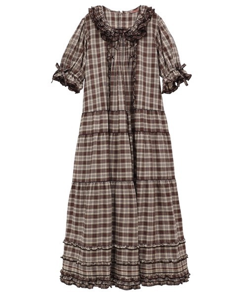 PINKHOUSE ロングワンピースチェックティアードブラウンリボン