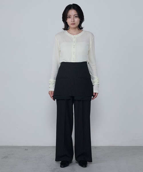 国内発送★Sabo Skirtストライプ柄カーデ＆パンツセット(上下-Z) セール】Multi-way striped layered skirt & slacks set