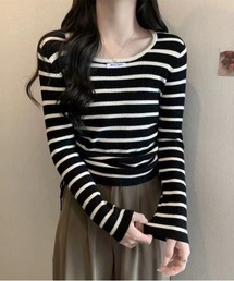 長袖リボンヴィンテージ レトロラウンドネックストライプクロップド丈ニット