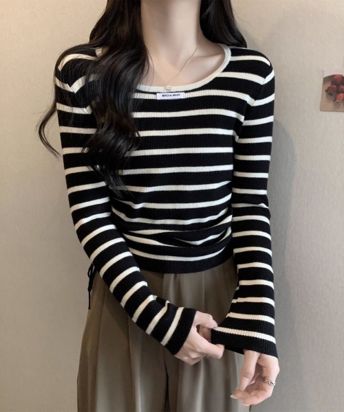 gossip!ロサンゼルス(ゴシップロサンゼルス)の「長袖リボンヴィンテージ レトロラウンドネックストライプクロップド丈ニット(ニット/セーター・レディース・ブラック/ピンク・FREE)」の6枚目の写真