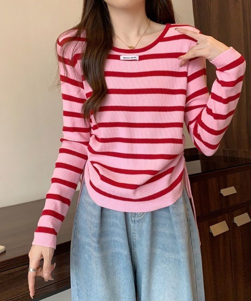 gossip!ロサンゼルス(ゴシップロサンゼルス)の「長袖リボンヴィンテージ レトロラウンドネックストライプクロップド丈ニット(ニット/セーター・レディース・ブラック/ピンク・FREE)」の9枚目の写真