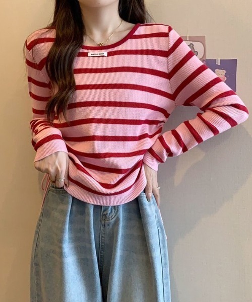 gossip!ロサンゼルス(ゴシップロサンゼルス)の「長袖リボンヴィンテージ レトロラウンドネックストライプクロップド丈ニット(ニット/セーター・レディース・ブラック/ピンク・FREE)」の10枚目の写真