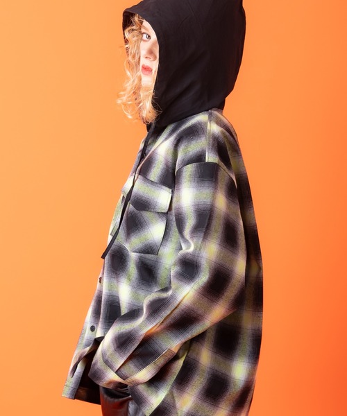 メンズチェック柄長袖フード付きジャケット チェックシャツ カジュアルジャケット フード付き 胸ポケット メンズ