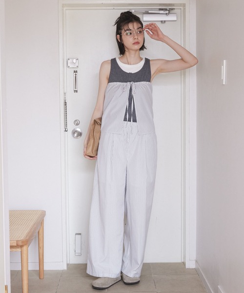 フラップ付ワイドパンツ anyfee/プラスサイズ】ツイルタックワイドパンツ《接触冷感