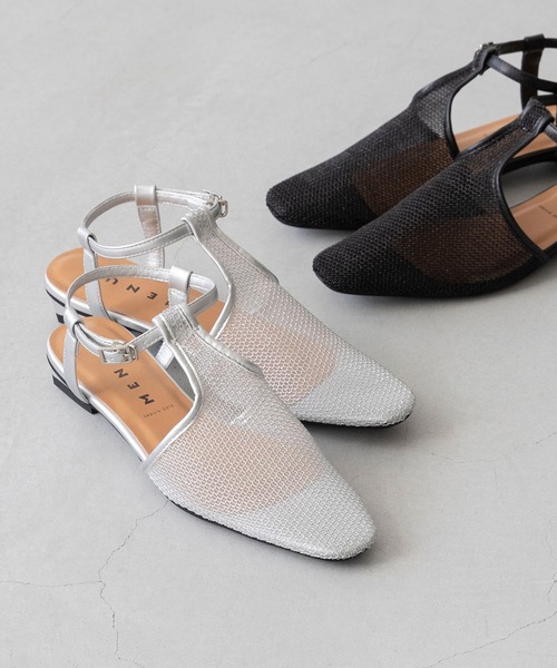 menue(メヌエ)の「メッシュ Tストラップ変形ヒールサンダル(サンダル・レディース・ブラック/シルバー・SS/S/M/L/LL/3L)」の1枚目の写真