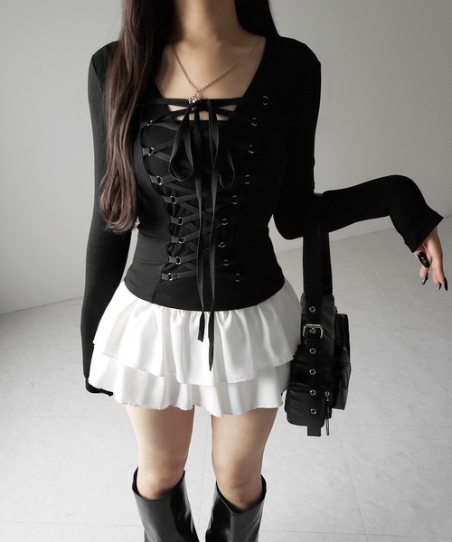 me+em select(ミームセレクト)の「【 新色ピンク追加! /3WAY 】レースアップコルセットリボンチョーカートップス / lace up corset ribbon choker tops(Tシャツ/カットソー・レディース・グレー/ブラック/ピンク・FREE)」の11枚目の写真