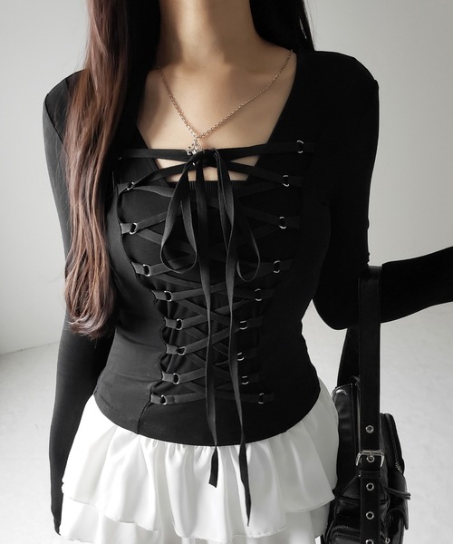 me+em select(ミームセレクト)の「【 新色ピンク追加! /3WAY 】レースアップコルセットリボンチョーカートップス / lace up corset ribbon choker tops(Tシャツ/カットソー・レディース・グレー/ブラック/ピンク・FREE)」の14枚目の写真