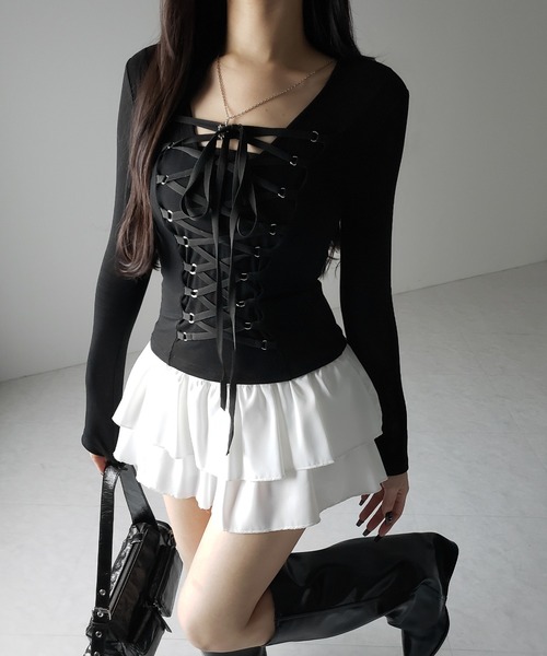 me+em select(ミームセレクト)の「【 新色ピンク追加! /3WAY 】レースアップコルセットリボンチョーカートップス / lace up corset ribbon choker tops(Tシャツ/カットソー・レディース・グレー/ブラック/ピンク・FREE)」の10枚目の写真