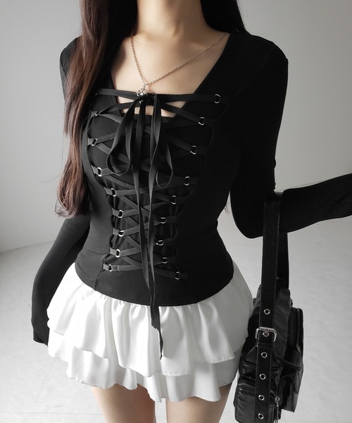 me+em select(ミームセレクト)の「【 新色ピンク追加! /3WAY 】レースアップコルセットリボンチョーカートップス / lace up corset ribbon choker tops(Tシャツ/カットソー・レディース・グレー/ブラック/ピンク・FREE)」の12枚目の写真