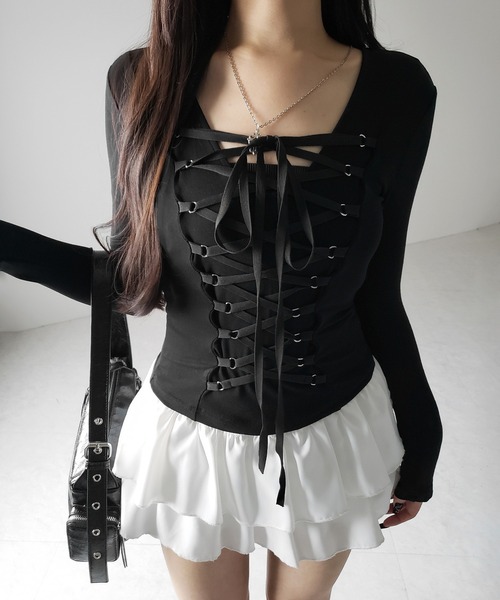 me+em select(ミームセレクト)の「【 新色ピンク追加! /3WAY 】レースアップコルセットリボンチョーカートップス / lace up corset ribbon choker tops(Tシャツ/カットソー・レディース・グレー/ブラック/ピンク・FREE)」の13枚目の写真
