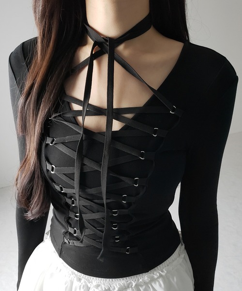 me+em select(ミームセレクト)の「【 新色ピンク追加! /3WAY 】レースアップコルセットリボンチョーカートップス / lace up corset ribbon choker tops(Tシャツ/カットソー・レディース・グレー/ブラック/ピンク・FREE)」の5枚目の写真