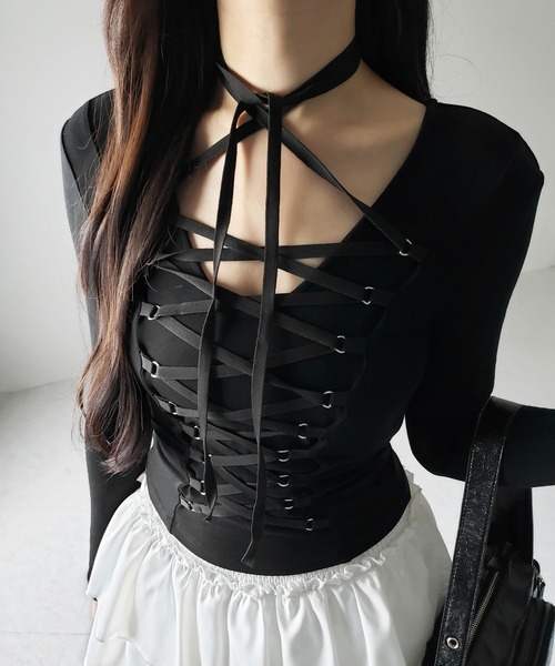 me+em select(ミームセレクト)の「【 新色ピンク追加! /3WAY 】レースアップコルセットリボンチョーカートップス / lace up corset ribbon choker tops(Tシャツ/カットソー・レディース・グレー/ブラック/ピンク・FREE)」の7枚目の写真