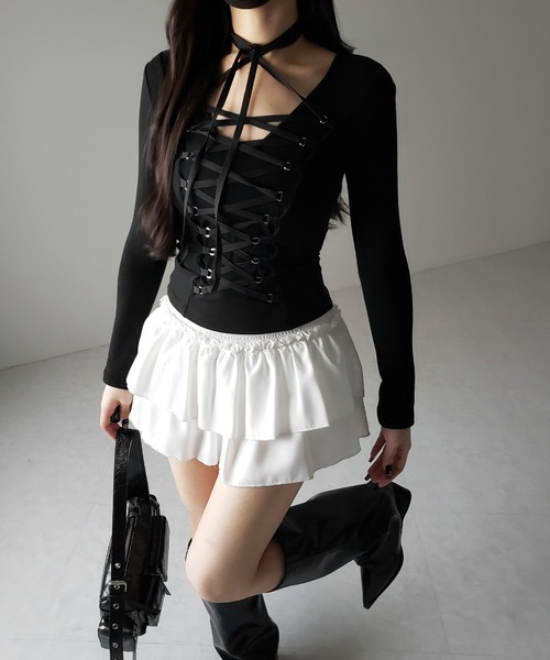 me+em select(ミームセレクト)の「【 新色ピンク追加! /3WAY 】レースアップコルセットリボンチョーカートップス / lace up corset ribbon choker tops(Tシャツ/カットソー・レディース・グレー/ブラック/ピンク・FREE)」の8枚目の写真