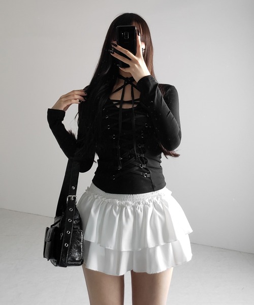 me+em select(ミームセレクト)の「【 新色ピンク追加! /3WAY 】レースアップコルセットリボンチョーカートップス / lace up corset ribbon choker tops(Tシャツ/カットソー・レディース・グレー/ブラック/ピンク・FREE)」の15枚目の写真