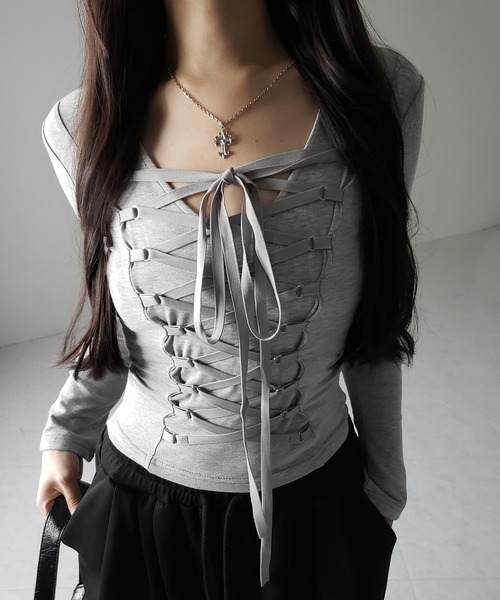 me+em select(ミームセレクト)の「【 新色ピンク追加! /3WAY 】レースアップコルセットリボンチョーカートップス / lace up corset ribbon choker tops(Tシャツ/カットソー・レディース・グレー/ブラック/ピンク・FREE)」の18枚目の写真