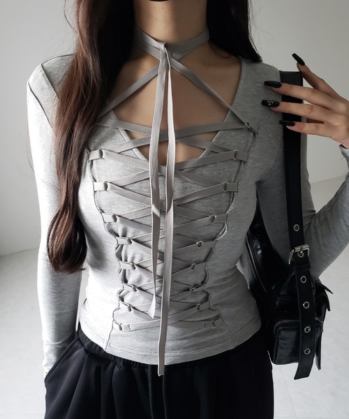 me+em select(ミームセレクト)の「【 新色ピンク追加! /3WAY 】レースアップコルセットリボンチョーカートップス / lace up corset ribbon choker tops(Tシャツ/カットソー・レディース・グレー/ブラック/ピンク・FREE)」の22枚目の写真