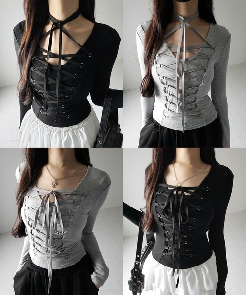 me+em select(ミームセレクト)の「【 新色ピンク追加! /3WAY 】レースアップコルセットリボンチョーカートップス / lace up corset ribbon choker tops(Tシャツ/カットソー・レディース・グレー/ブラック/ピンク・FREE)」の4枚目の写真