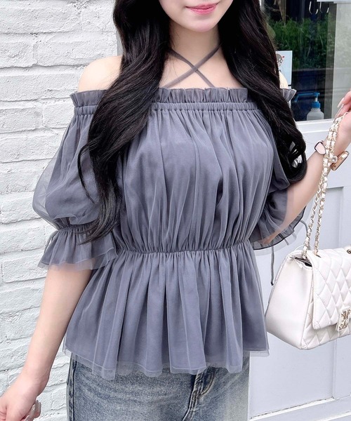 INGNI（イング）の「袖リボンチュールオフショルブラウス（シャツ/ブラウス・レディース・ピンク/オフホワイト/グレー・M）」の3枚目の写真