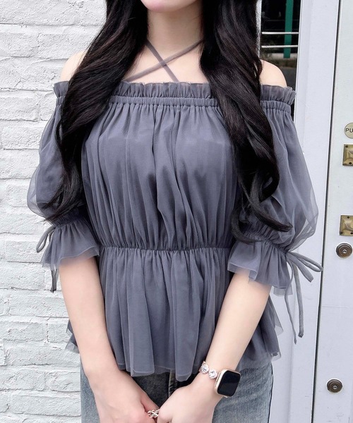 INGNI（イング）の「袖リボンチュールオフショルブラウス（シャツ/ブラウス・レディース・ピンク/オフホワイト/グレー・M）」の14枚目の写真