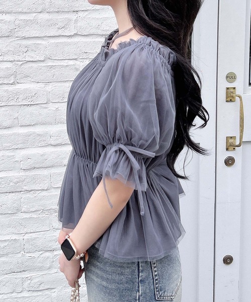 INGNI（イング）の「袖リボンチュールオフショルブラウス（シャツ/ブラウス・レディース・ピンク/オフホワイト/グレー・M）」の16枚目の写真