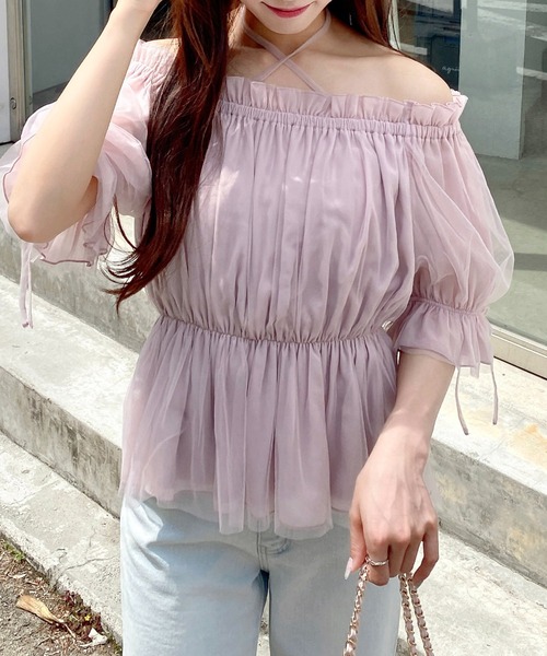 INGNI（イング）の「袖リボンチュールオフショルブラウス（シャツ/ブラウス・レディース・ピンク/オフホワイト/グレー・M）」の22枚目の写真