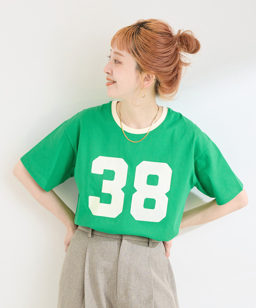 B.C STOCK(ベーセーストック)の「ウォッシャブル / Gleamy/グリーミー ナンバリングTシャツ(Tシャツ/カットソー・レディース・グリーン/ボルドー/サックスブルー・FREE)」の1枚目の写真