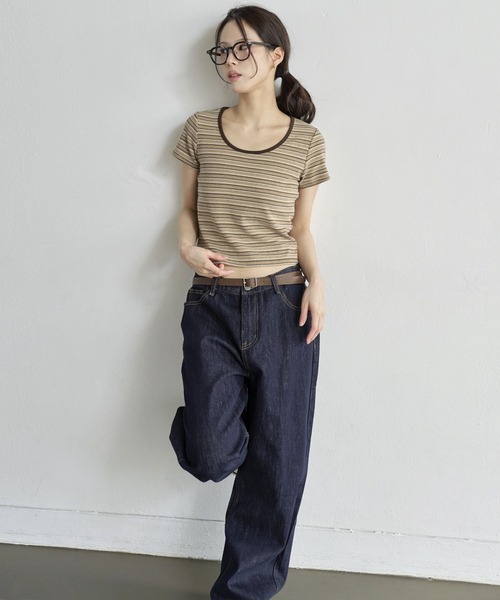 UNE MANSION(ユヌマンション)の「ラウンドネックバイカラーストライプセミクロップド半袖Tシャツカットソー(Tシャツ/カットソー・レディース・グレー/アイボリー/レッド/ベージュ・FREE)」の13枚目の写真