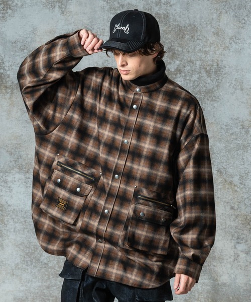 現行モデル【未使用】glamb(グラム)4XLスタンドカラーシャツ/チェック柄 4XL Stand Collar Shirt / 4エックスエルスタンドカラーシャツ（シャツ