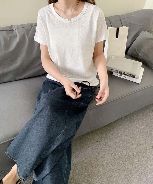 LOWO(ロワ)の「綿混無地シンプルTシャツ カットソー(Tシャツ/カットソー・レディース・ホワイト/グレー/ピンクベージュ・FREE)」の9枚目の写真