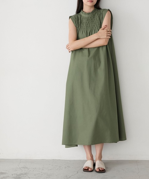 コットンシャーリングノースリーブワンピース 　カーキ セール】コットンシャーリングノースリーブワンピース