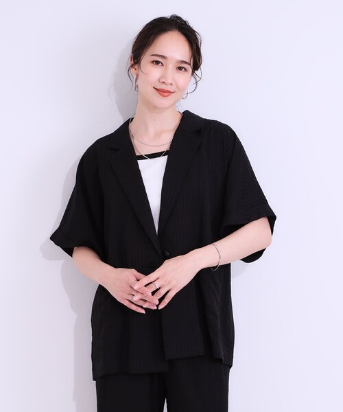 Cutie Blonde(キューティーブロンド)の「【セットアップ可能/ひんやり/吸水速乾】サッカーストライプ テーラードカラーシャツジャケット(テーラードジャケット・レディース・ネイビー系2/ブラック系2/ブラウン系その他3・03/04/02/01)」の21枚目の写真